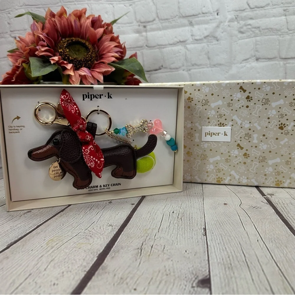 NWT Piper K dachshund Dog bag charm Keychain bling dog mom tennis ball